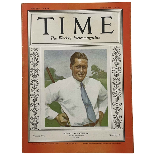 TIME Magazine. Robert Tyre Jones Jr. Cover. Time Inc., September 22, 1930. Volume XVI, Number 12