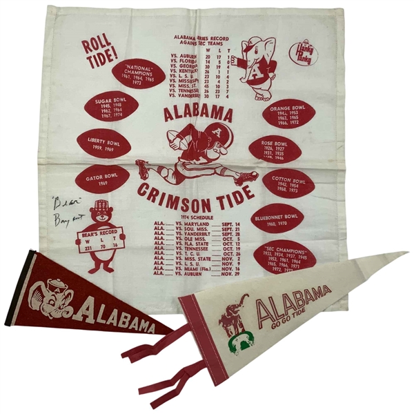 Paul Bear Bryant Signed Alabama Crimson Tide 1974 Schedule Handkerchief and Pennant Collection JSA ALOA