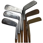 A Collection of Six Vintage Hickory Shaft Golf Putters Including Mills and MacGregor Models