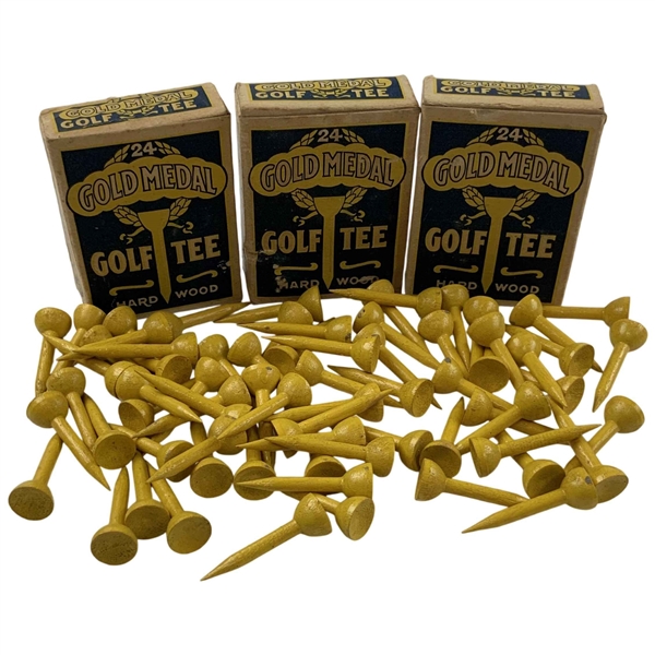 Three Boxes Gold Medal Brand Hardwood Golf Tees and Original Packaging