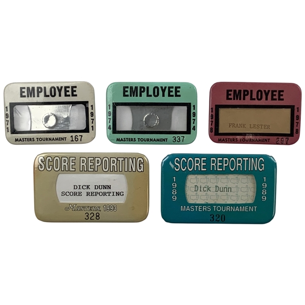 A Group of Five (5) Masters Tournament Employee & Score Reporting Badges Between 1971 & 1993