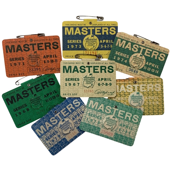 A Collection of Eight Vintage Masters Tournament Series Badges from Between 1967-1979