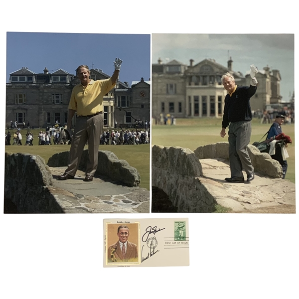 A Trio of Golf Memorabilia Including Jack Nicklaus and Arnold Palmer Photographs and a Dual Signed Bobby Jones Commemorative Postal Cover JSA ALOA
