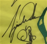 Tiger Woods Time-Period Signed 1997 Masters Center Embroidered Flag w/ Seve & 10 Champs - Framed JSA ALOA