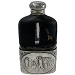 Vtg G & JW Hawksley Silver Plate & Leather on Glass Hip Flask w/ Golf Scene