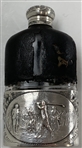 Vtg G & JW Hawksley Silver Plate & Leather on Glass Hip Flask w/ Golf Scene