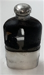 Vtg G & JW Hawksley Silver Plate & Leather on Glass Hip Flask w/ Golf Scene