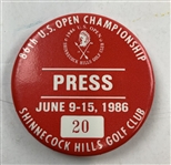 Two Shinnecock Hills Golf Club Memorabilia Items 1977 Walker Cup Ticket and 1986 U.S. Open Press Badge