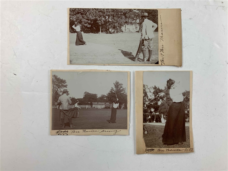 A Trio of Early 20th Century Sepia Toned Gelatin Silver Photographs of Mrs. Caroline  Manice Golfing