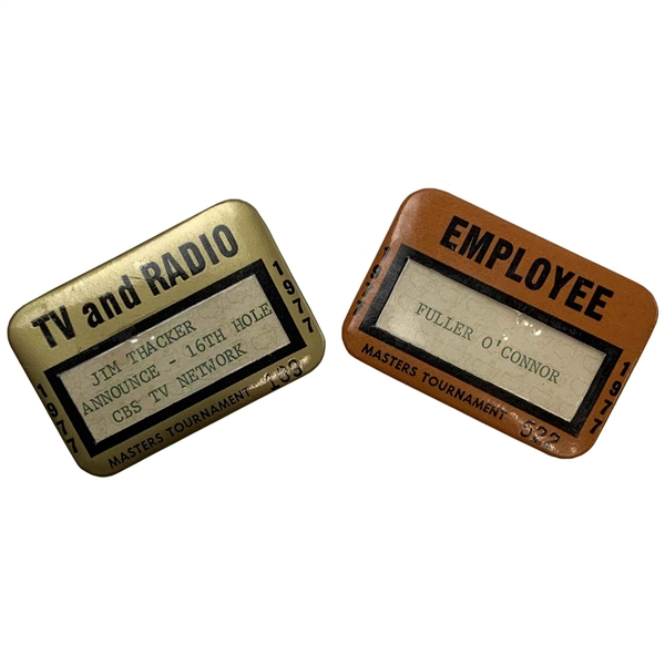 Two (2) 1977 Masters Badges Incl 16th Hole CBS Announcer Jim Thacker Media Badge